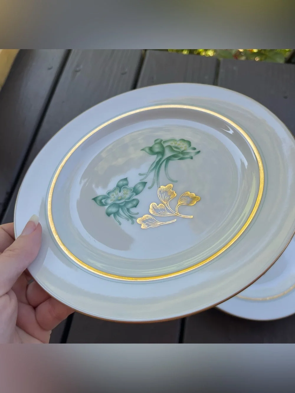 Vintage Wentworth China 4 Columbine Green Floral Salad Plates Gold Trim Cottage